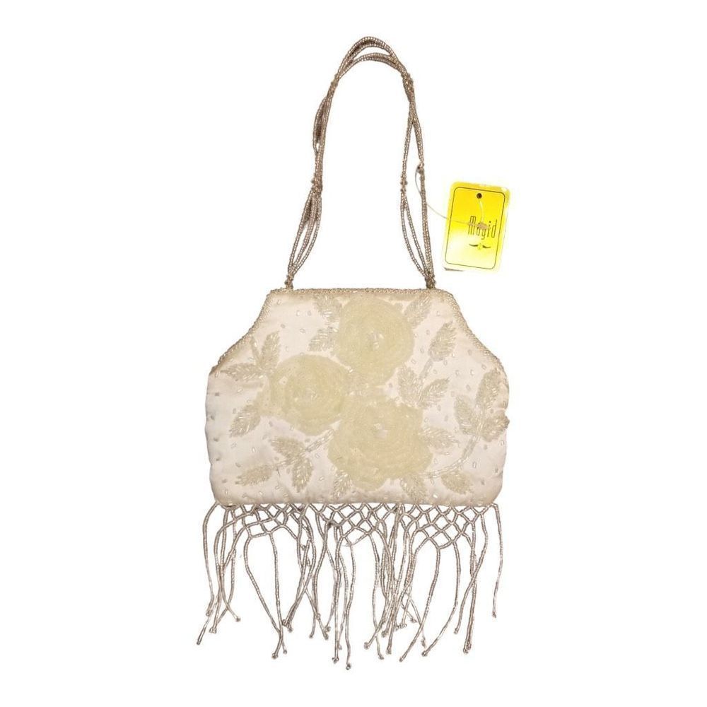 Macy's Women's Ivory Vintage Style Floral Snap Button Beaded Purse Small NWT
